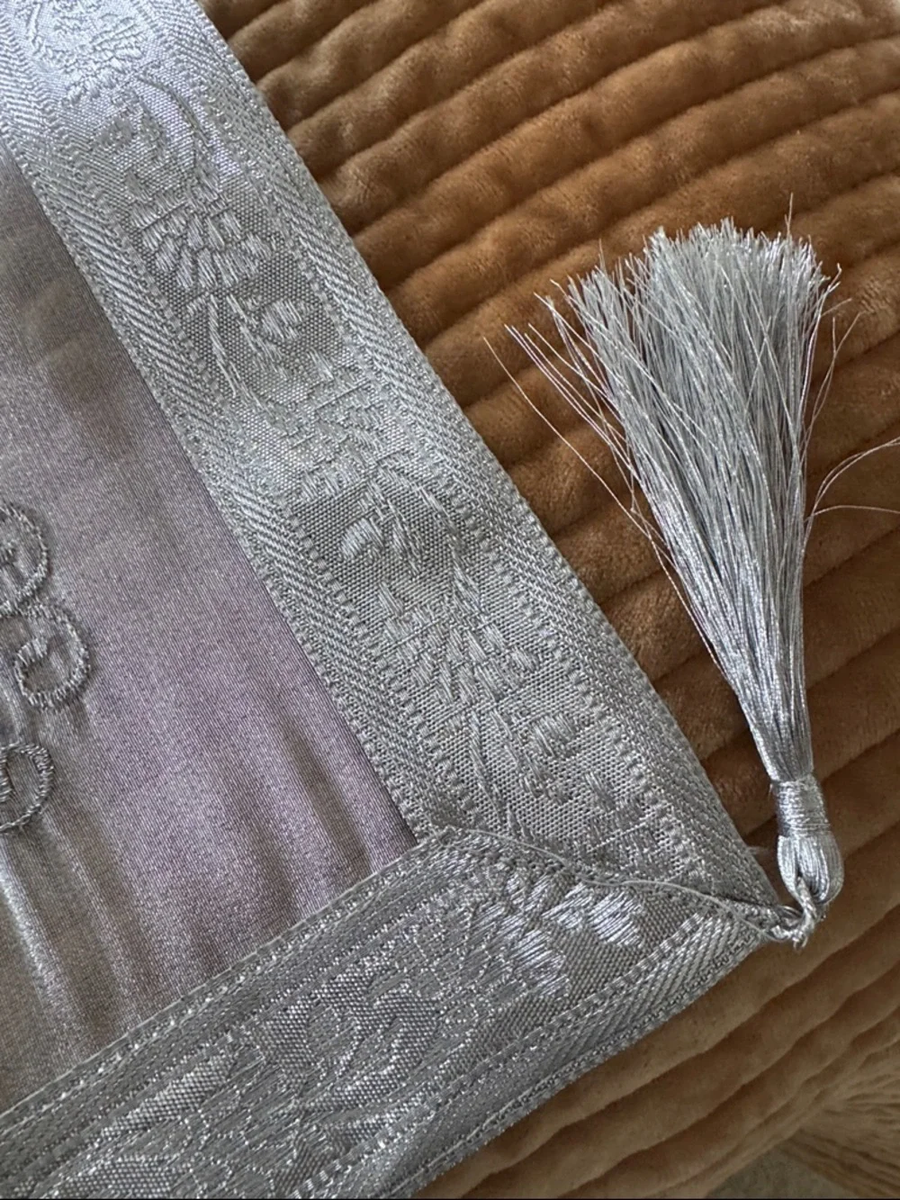 Fancy Silver Embroidered Square Table Topper NWOT